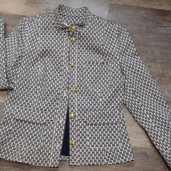 NWT Tory Burch Cameron Jacket with Crosshatch Print Ivory/Navy Sz 12 - Picture 1 of 13